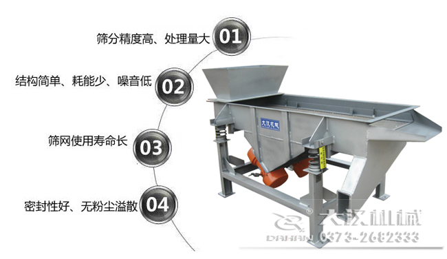 1016型直線振動篩特點(diǎn)：1，篩分精度高，處理量大。2，結(jié)構(gòu)簡單，耗能少，噪音低，3，篩網(wǎng)使用壽命長，密封性好無粉塵溢散。