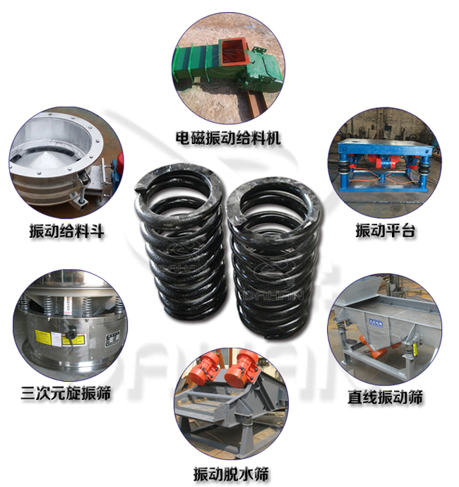 旋振篩減震彈簧適用產(chǎn)品：振動(dòng)給料機(jī)，電磁振動(dòng)給料機(jī)，振動(dòng)平臺(tái)，直線振動(dòng)篩，振動(dòng)脫水篩，三次元旋振篩。
