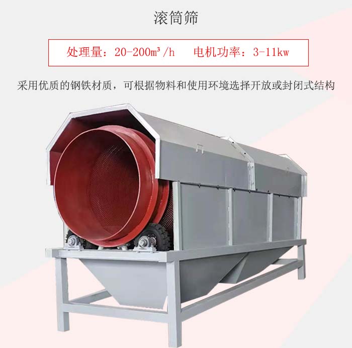 滾筒篩采用優(yōu)質(zhì)的鋼鐵材質(zhì)，可根據(jù)物料和使用環(huán)境選擇開放或封閉式結(jié)構(gòu)