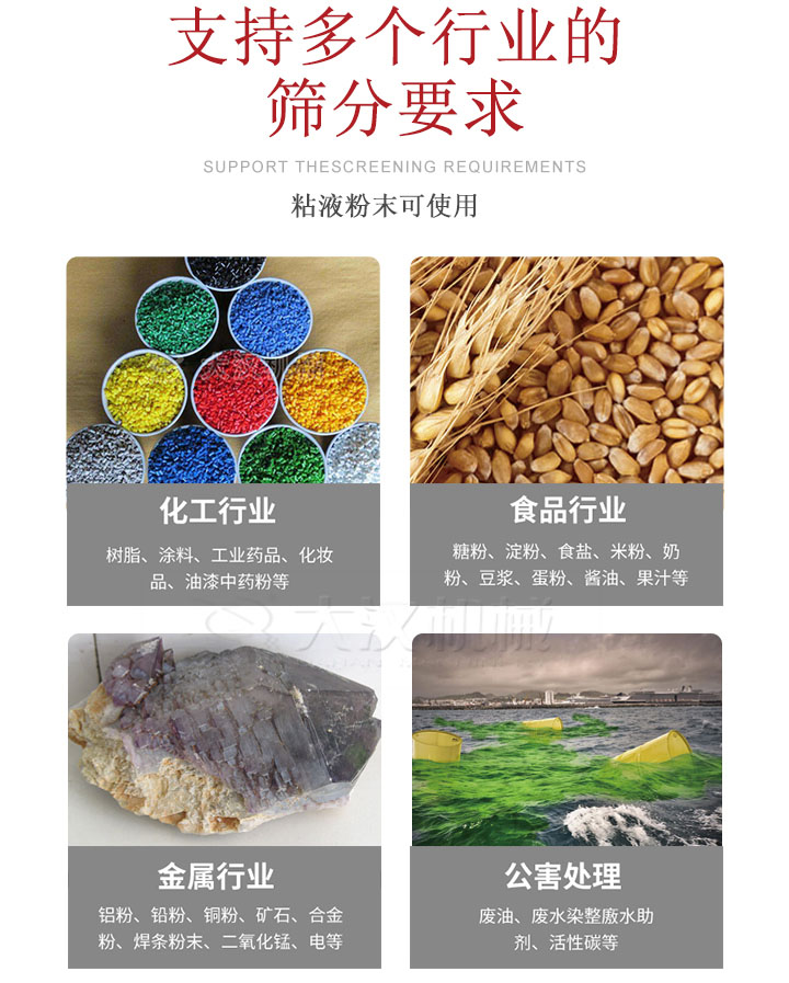 適用于化工行業(yè)，食品行業(yè)，金屬行業(yè)，以及公害處理等行業(yè)?；ば袠I(yè)：樹脂，涂料，工業(yè)藥品，化妝品，油漆，中藥粉等;食品行業(yè)：糖粉，淀粉，食用鹽，米粉，奶粉，豆?jié){，蛋粉，醬油，果汁等;金屬行業(yè)：鋁粉，鉛粉，銅粉，礦石，合金粉，焊條粉末，二氧化錳，電等。公害處理：廢油，廢水染整廒水助劑，活性炭等。超聲波振動篩支持挑選定制常見的有：不銹鋼，碳鋼，全不銹鋼三種規(guī)格。不銹鋼：耐腐蝕，耐高溫適合化工行業(yè),碳鋼：鋼性強，硬度高經(jīng)久耐用,全不銹鋼：機身經(jīng)久耐用不易生銹不易腐蝕超聲波振動篩共有一到四層可供選擇。大漢超聲波振動篩優(yōu)勢：篩分效率高，篩分精度高，產(chǎn)量可提高0.5-10倍適用于：大米，米粉，綠豆，小米等。輕松解決堵網(wǎng)問題適用10目-635目之間的物料。