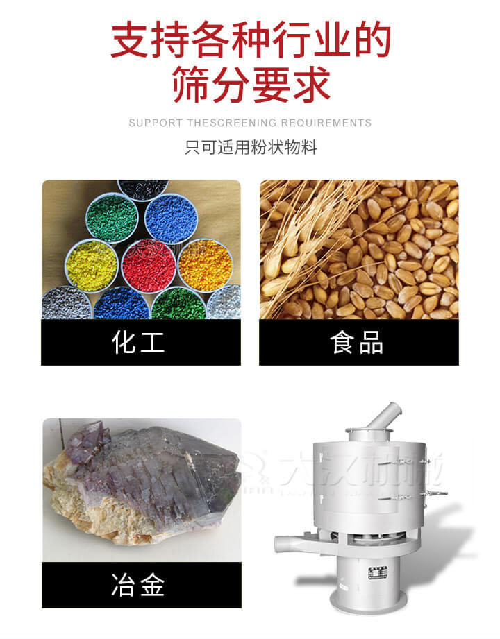 氣流篩用于礦粉，石墨粉，活性納米碳酸鈣，鋁灰，大豆粉，碳酸重鈣，石墨粉，木粉，干草，重金石粉，藥粉末，橡膠顆粒，草酸鹽，干料粉，木粉，聚酯粉，干粉，塑料，金屬粉末，橡膠粉，粉煤灰，石墨粉，陶瓷粉，鋅粉，石英粉，石灰粉，鐵粉，金屬硅粉等。