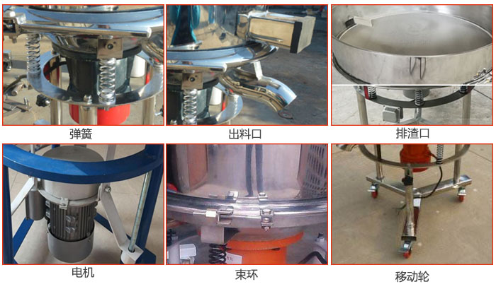 高頻振動篩結構：電機，彈簧，出料口，排渣口，快拆束環(huán)等。