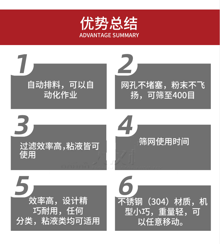 過濾篩優(yōu)勢總結(jié)：1，自動排料，可以自動化作用。2，網(wǎng)孔不堵塞，粉塵不飛揚，可篩至400目。3，過濾效率高，任何粒，粉，粘液也可使用。4，篩網(wǎng)設(shè)計大大提高了篩網(wǎng)使用時間，也魏換網(wǎng)提高了方便。5，效率高，設(shè)計精巧耐用，任何分類設(shè)計精巧耐用，任何分類，粘液類均可適用。6，不銹鋼材質(zhì)機型小巧，重量輕，可以任意移動。