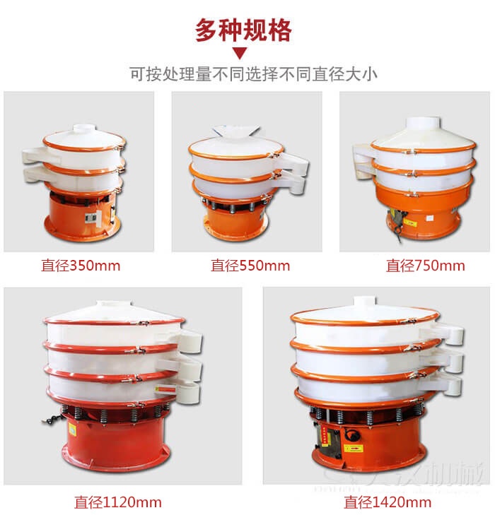 塑料振動篩不同篩分直徑進(jìn)行展示：350，550，750，1120，1420等。