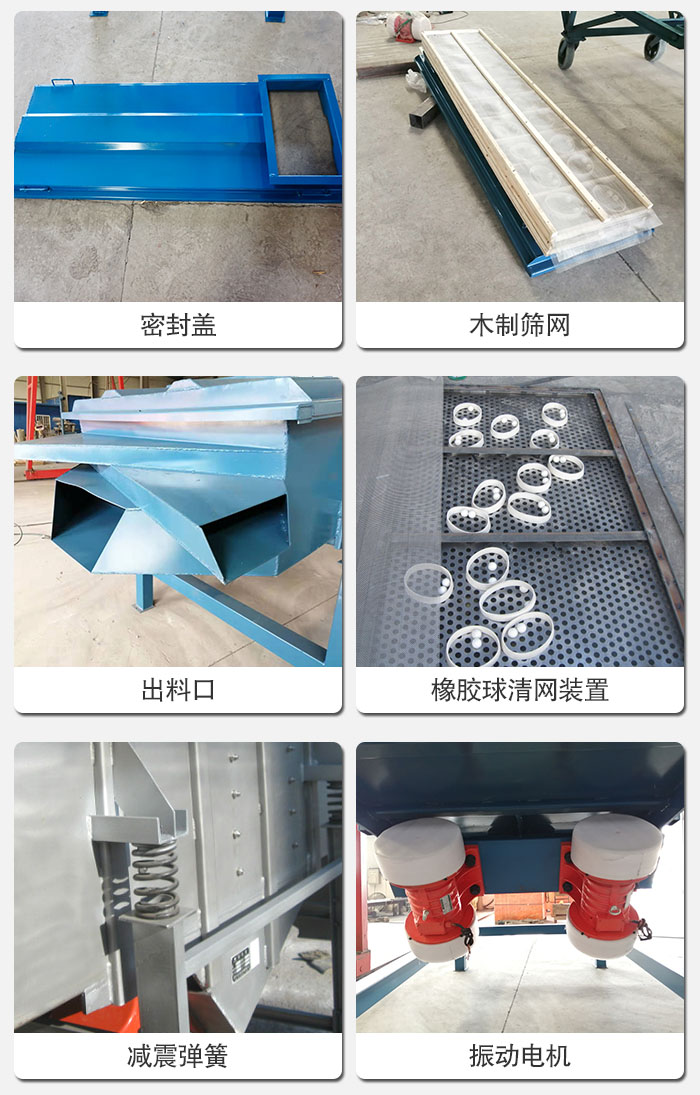 直線篩結(jié)構(gòu)展示：篩網(wǎng)，篩箱，振動電機，振動電機座，減震彈簧，支架等部件展示圖