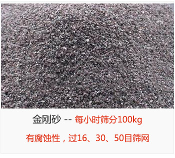 篩分金剛砂每小時100kg，有腐蝕性，過16、30、50目篩網(wǎng)