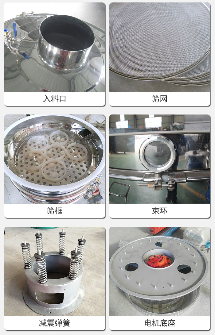 醫(yī)藥振動(dòng)篩有電機(jī)底座，減震彈簧，束環(huán)，篩框，入料口，篩網(wǎng)等部件展示。
