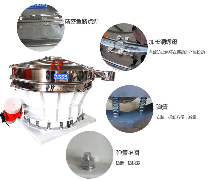 1500直排篩細節(jié)展示：彈簧，彈簧墊圈，加長銅螺母。