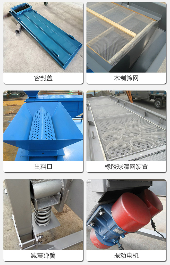 直線篩分機(jī)的結(jié)構(gòu)展示圖：篩箱是物料主要篩分設(shè)備之一，篩網(wǎng)用于篩分物料，振動(dòng)電機(jī)幫助篩網(wǎng)篩分。