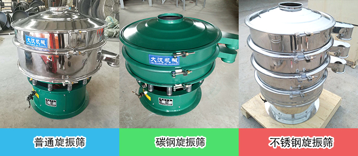 醫(yī)藥振動(dòng)篩常見材質(zhì)展示：碳鋼＋不銹鋼，不銹鋼，碳鋼等材質(zhì)展示