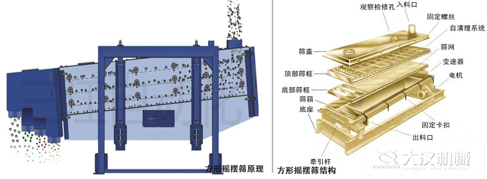 方形搖擺篩又稱往復(fù)篩，其驅(qū)動裝置所產(chǎn)生的振動力是繞固定軸，方向呈一定規(guī)律變化的慣性力，其本質(zhì)是有偏心輪繞定軸轉(zhuǎn)動所形成的往復(fù)慣性力。由于其慣性帶動物料的運(yùn)動從而實(shí)現(xiàn)方形搖擺篩的篩分效果。該結(jié)構(gòu)是由：篩蓋，頂部篩框，底部篩框，篩網(wǎng)，出料口等部件組成。