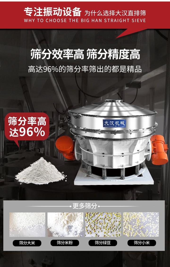直排篩適用物料有面粉，淀粉，洗衣粉，金屬粉，添加劑，化工，非礦等行業(yè)。
