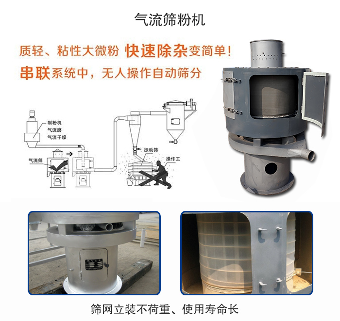 氣流篩粉機適用：質(zhì)輕，粘性大微粉采用串聯(lián)系統(tǒng)重，無人操作自動篩分 特點：篩網(wǎng)立裝不負(fù)重，使用壽命長。
