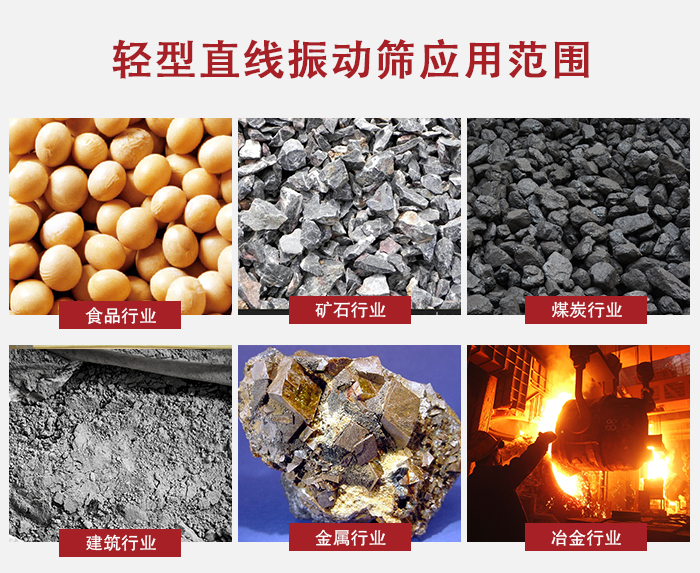 輕型直線振動篩應(yīng)用范圍較廣多使用與顆粒狀，粉狀以及其它重型行業(yè)的輸送。