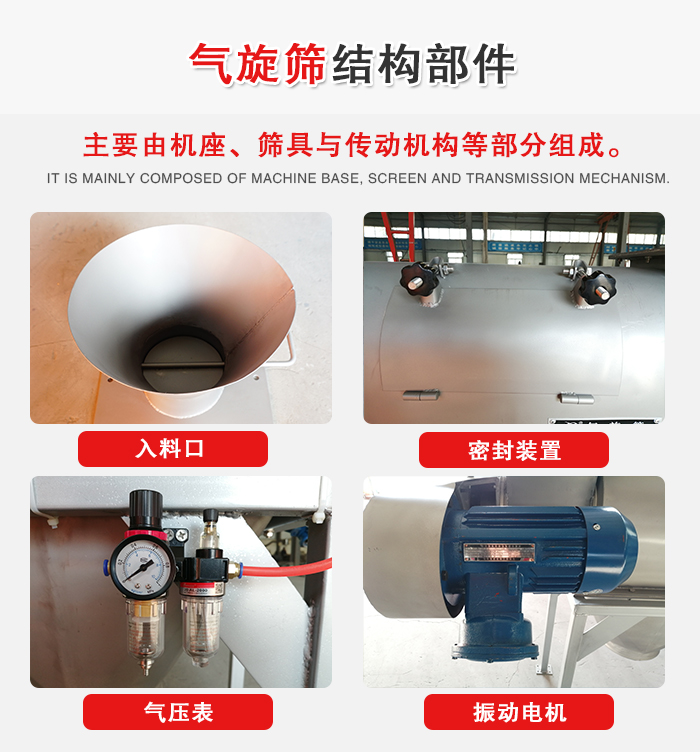 氣旋篩結構：入料口，密封裝置，電機，氣壓表等