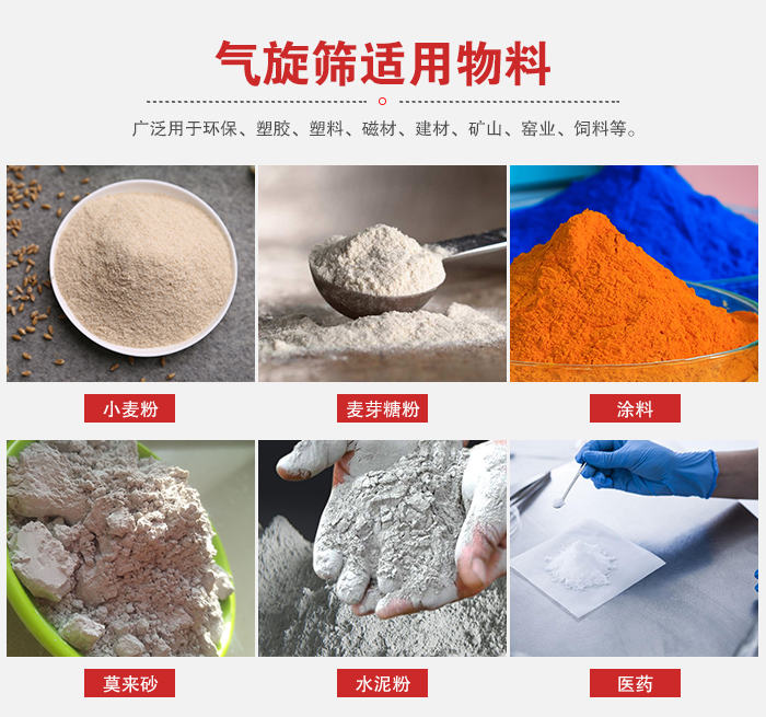 氣旋篩適用物料：小麥粉，麥芽糖粉，涂料，等粉狀物料。