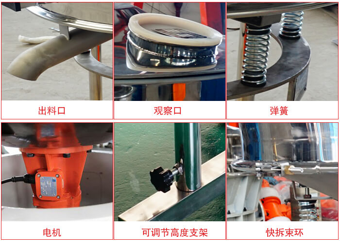 高頻篩細(xì)節(jié)展示：出料口，觀察口，彈簧，電機(jī)，可調(diào)節(jié)高度支架，快拆束環(huán)。